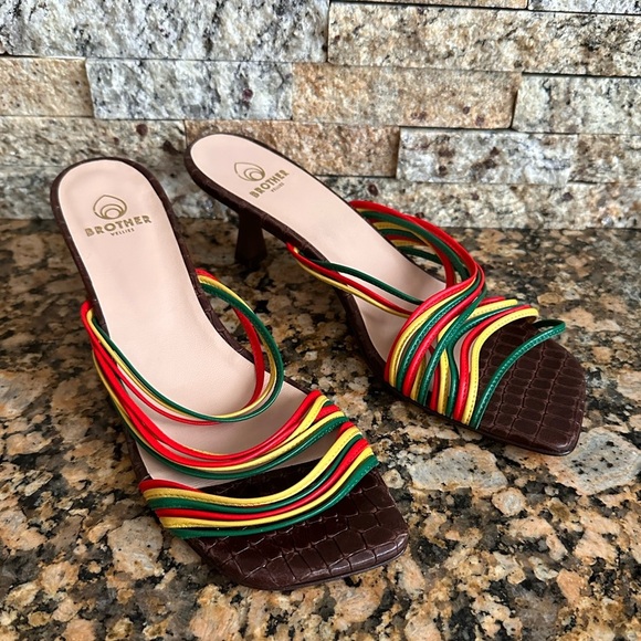 Brother Vellies Leather Slides Yellow * Green * Red Striped - Picture 3 of 10